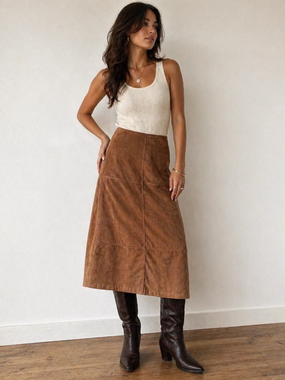 LIZ CLAIBORNE VTG 100% Suede Patchwork Boho Aline Midi  Skirt Chestnut Brown 14